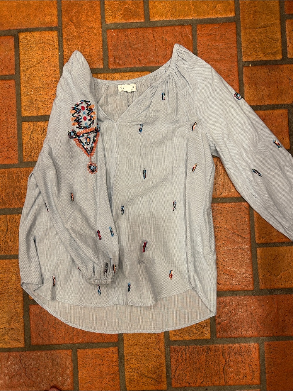 Velvet by Graham & Spencer Light Blue Embroidered Peasant Blouse